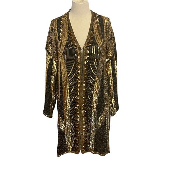 Vintage Tan Chho Gold Beaded Sequin‎ Jacket Dress Gown 1980s Glam - Picture 1 of 13